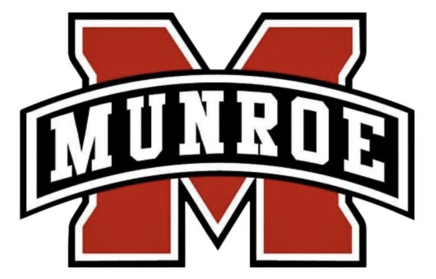 Munroe athletics logo, a red block M with a Munroe banner